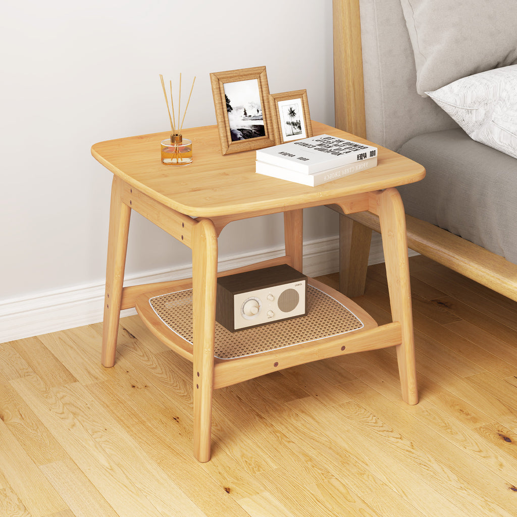 Bamboo Sofa Side Table with Faux Rattan Storage Shelf, Natural