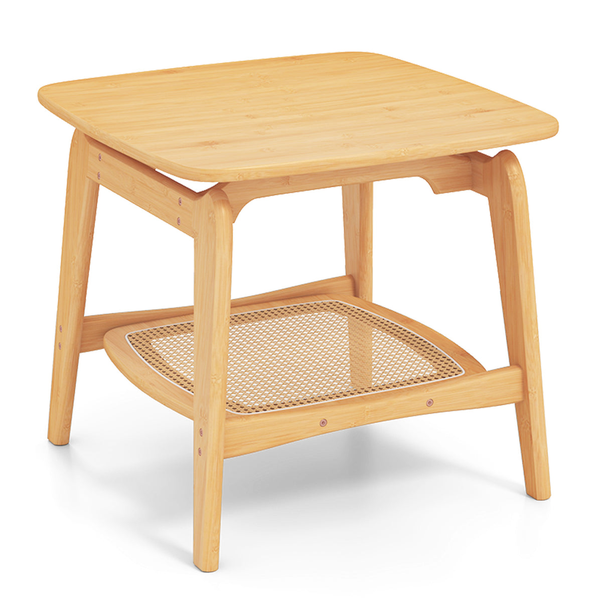 Bamboo Sofa Side Table with Faux Rattan Storage Shelf, Natural