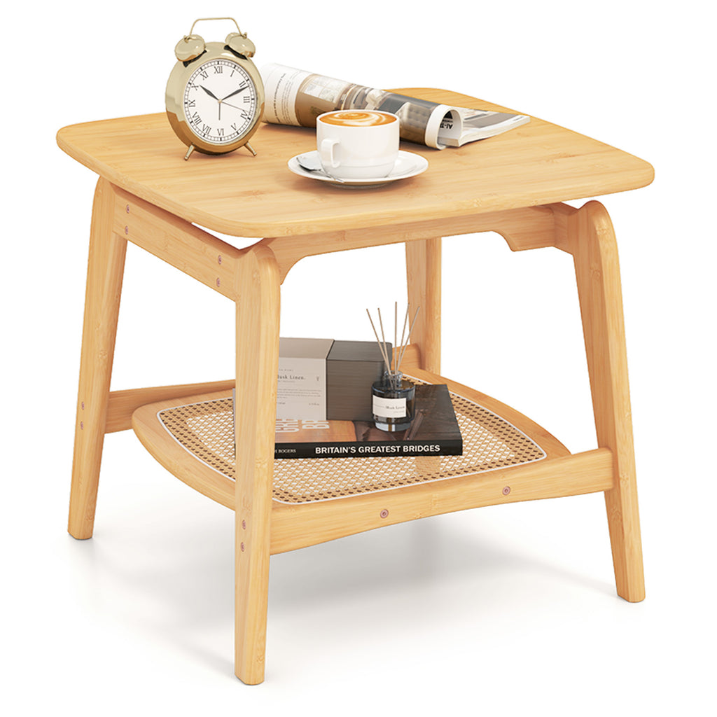 Bamboo Sofa Side Table with Faux Rattan Storage Shelf, Natural