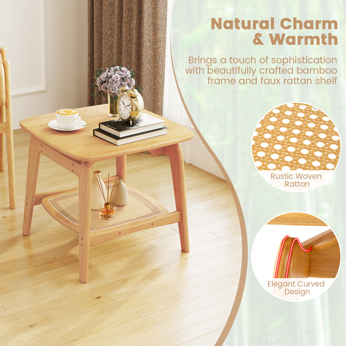 Bamboo Sofa Side Table with Faux Rattan Storage Shelf, Natural