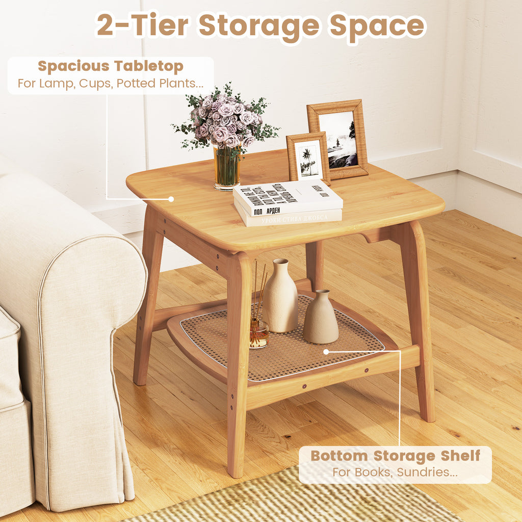 Bamboo Sofa Side Table with Faux Rattan Storage Shelf, Natural