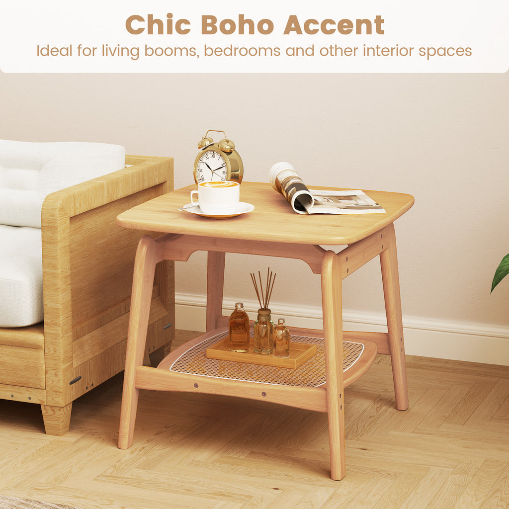 Bamboo Sofa Side Table with Faux Rattan Storage Shelf, Natural