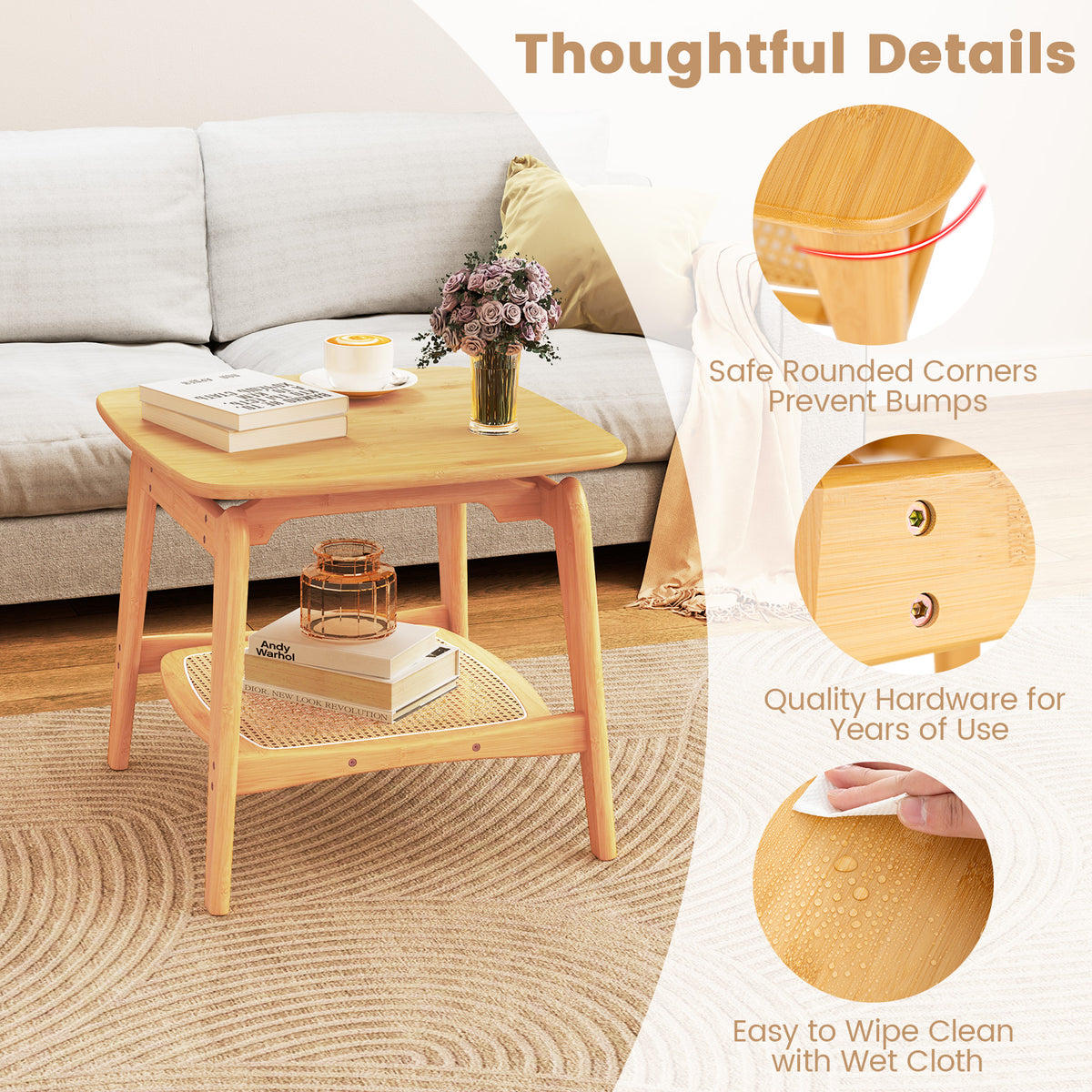 Bamboo Sofa Side Table with Faux Rattan Storage Shelf, Natural