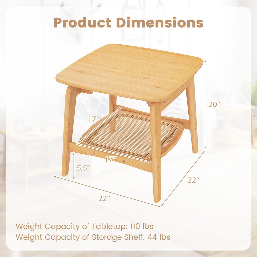 Bamboo Sofa Side Table with Faux Rattan Storage Shelf, Natural