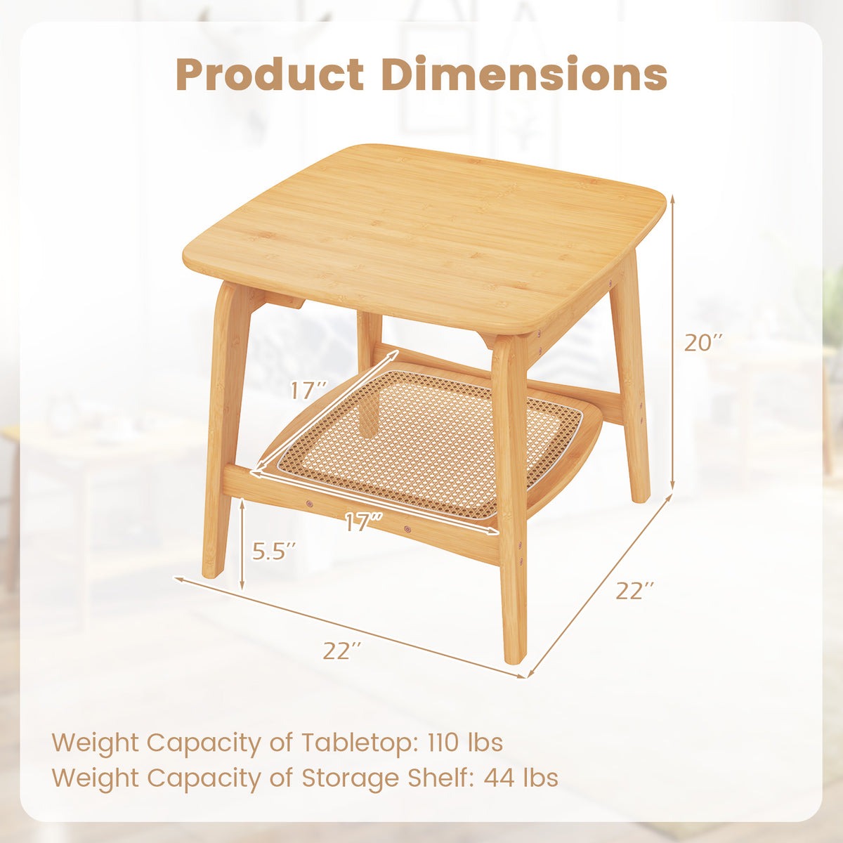 Bamboo Sofa Side Table with Faux Rattan Storage Shelf, Natural