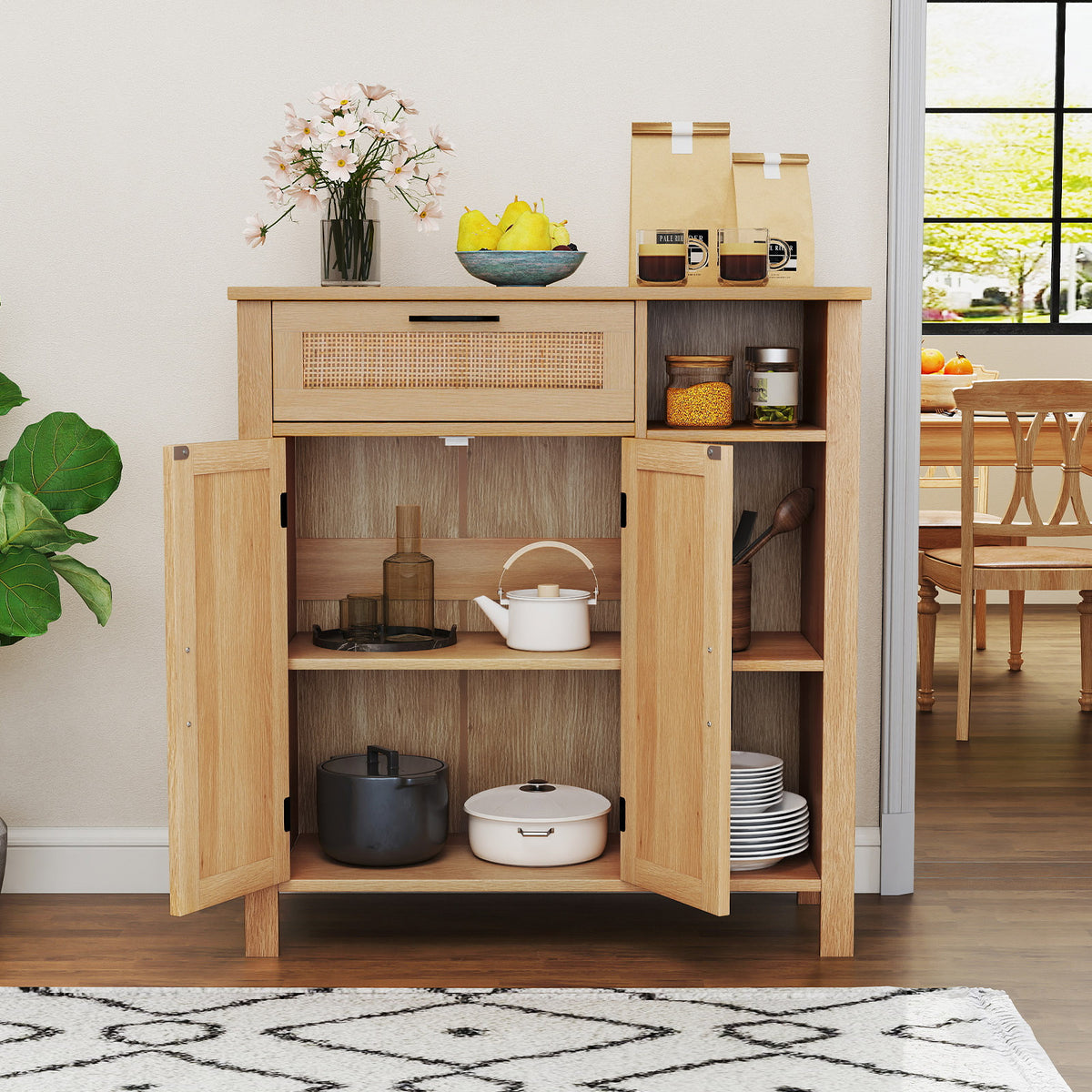 Boho Buffet Sideboard Storage Cabinet with Rattan Doors - Drawer & Shelves, Natural