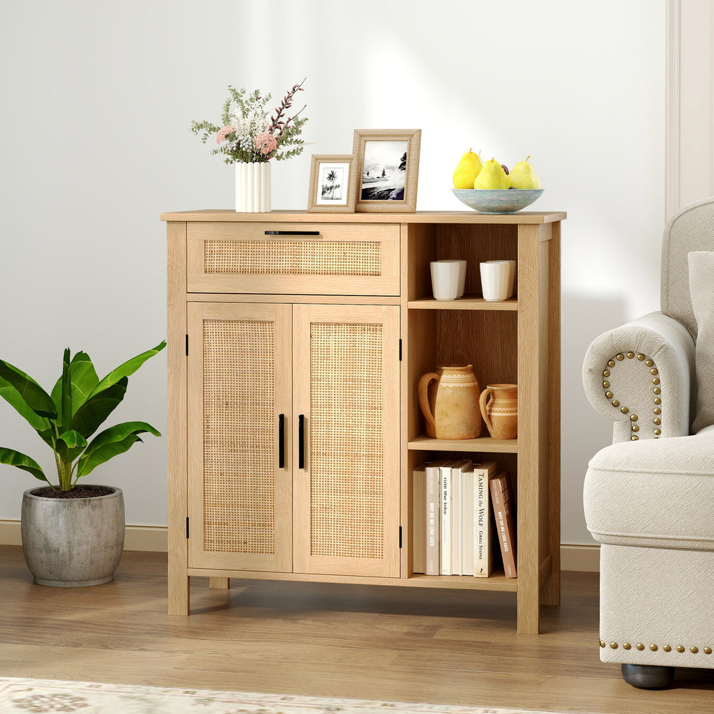 Boho Buffet Sideboard with Rattan Doors - Drawer & Shelves, Natural