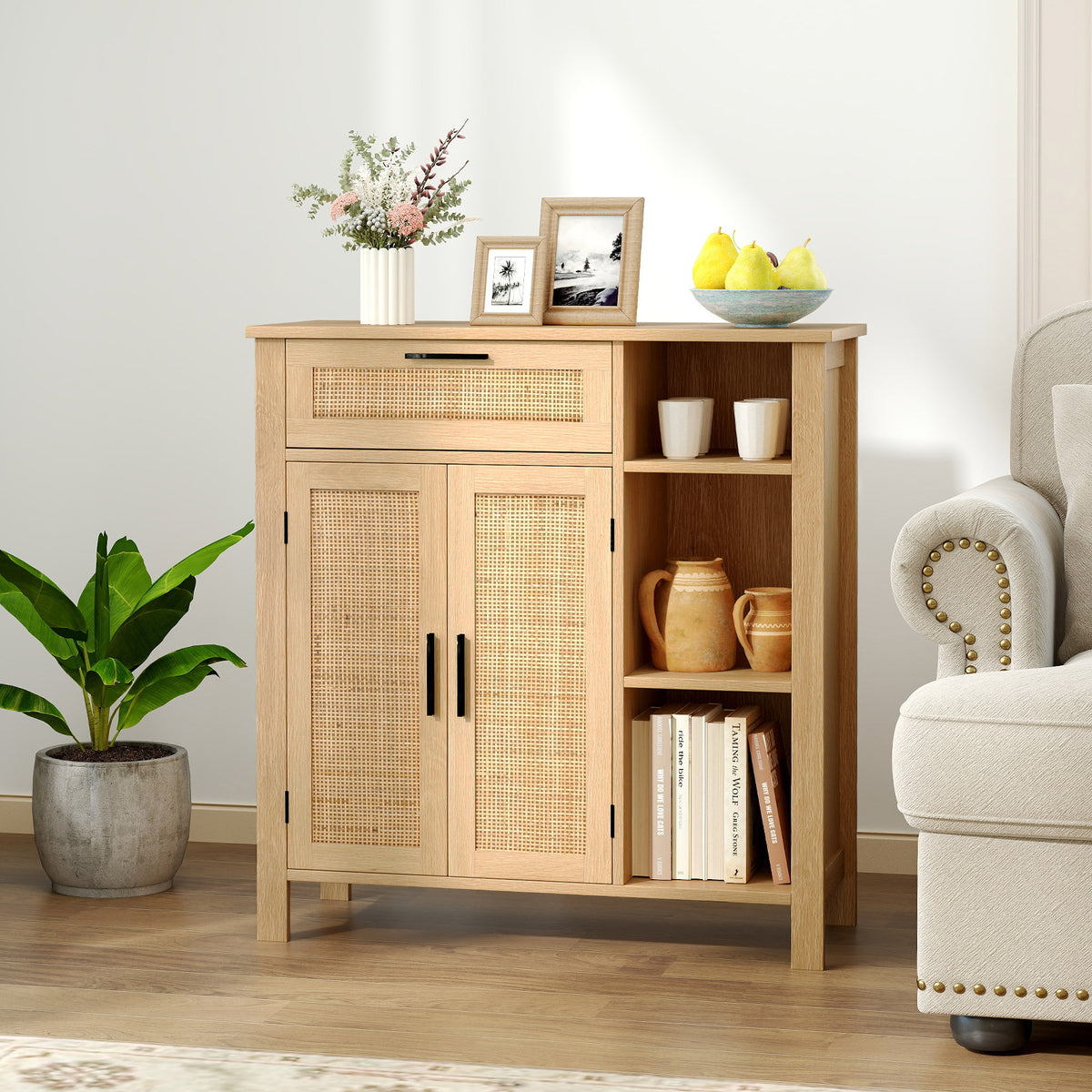 Boho Buffet Sideboard with Rattan Doors - Drawer & Shelves, Natural