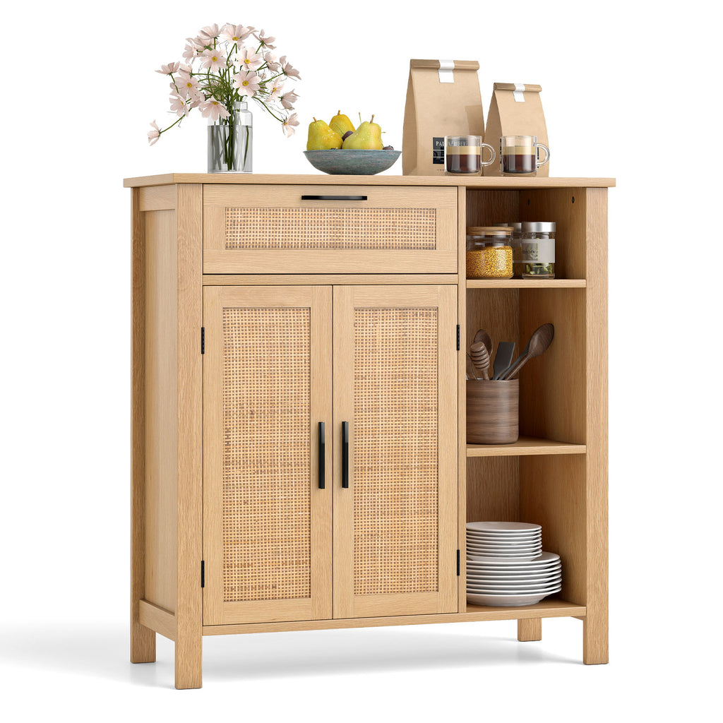 Boho Buffet Sideboard with Rattan Doors - Drawer & Shelves, Natural