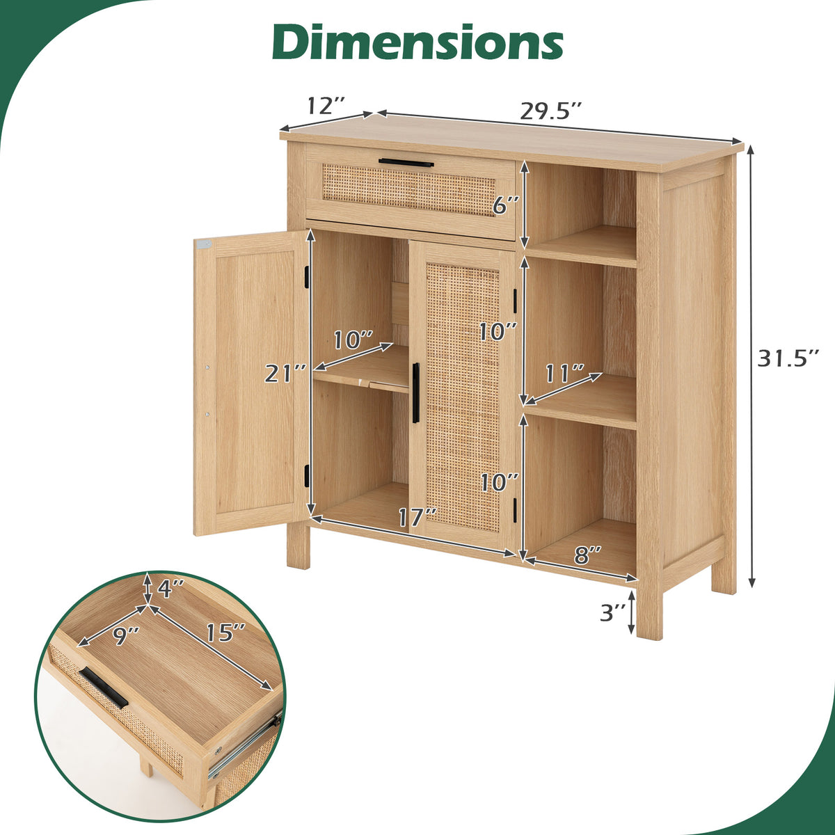 Boho Buffet Sideboard Storage Cabinet with Rattan Doors - Drawer & Shelves, Natural