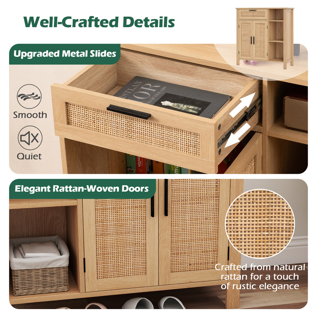 Boho Buffet Sideboard with Rattan Doors - Drawer & Shelves, Natural