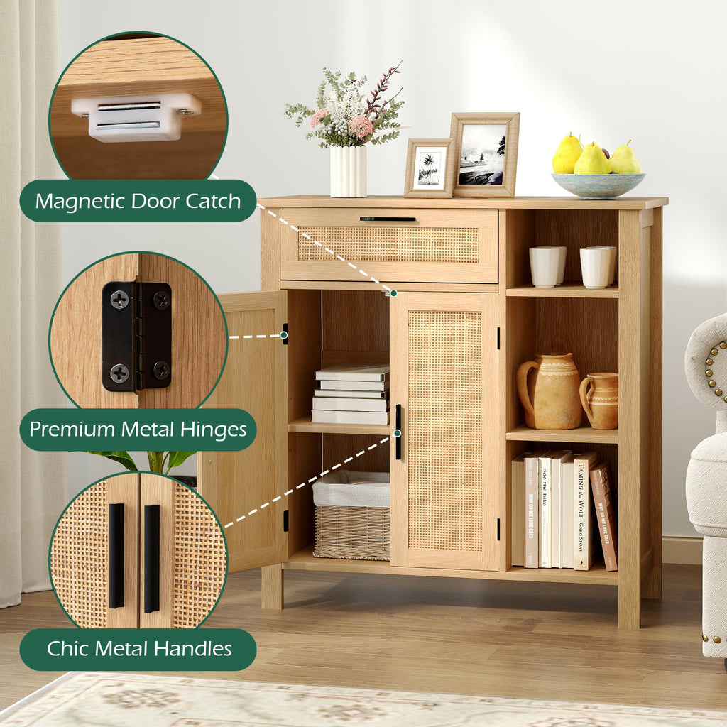 Boho Buffet Sideboard with Rattan Doors - Drawer & Shelves, Natural