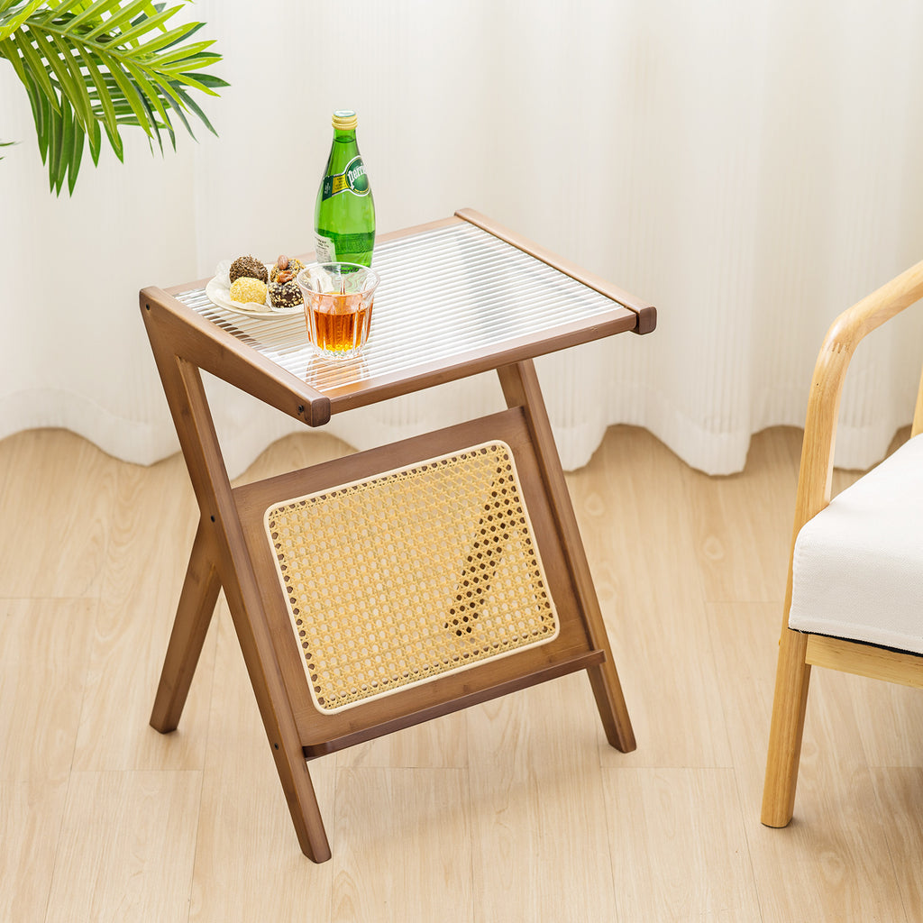 Boho End Table with Magazine Rack and Tempered Glass Top - Walnut