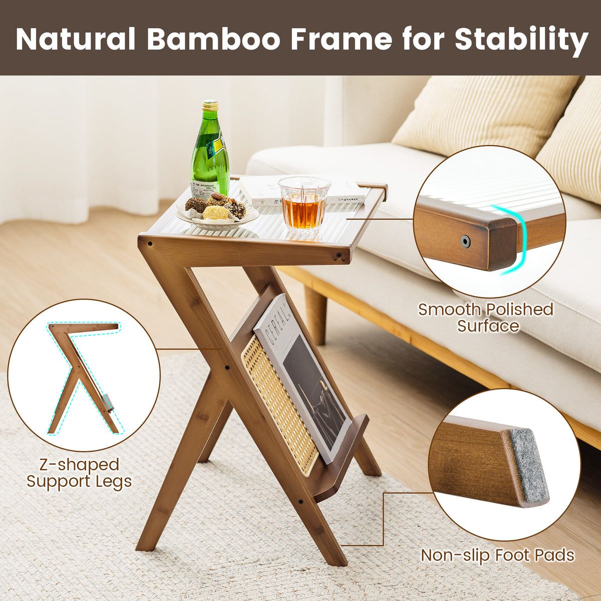 Boho End Table with Magazine Rack and Tempered Glass Top - Walnut