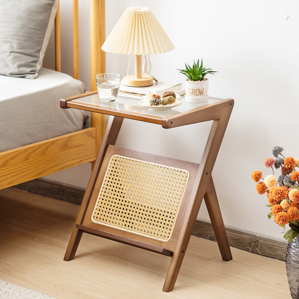 Boho End Table with Magazine Rack and Tempered Glass Top - Walnut