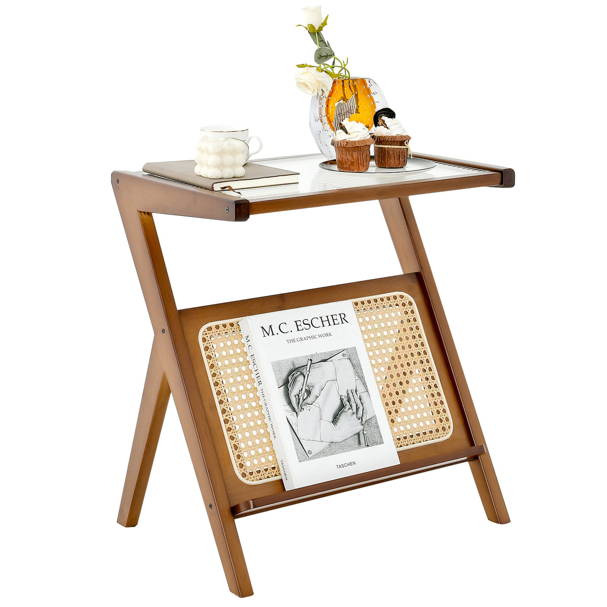Boho End Table with Tempered Glass Top & Magazine Rack - Walnut