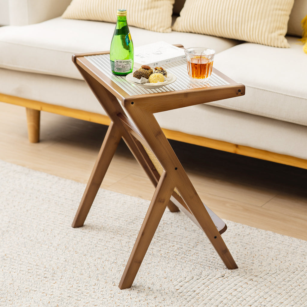 Boho End Table with Magazine Rack and Tempered Glass Top - Walnut