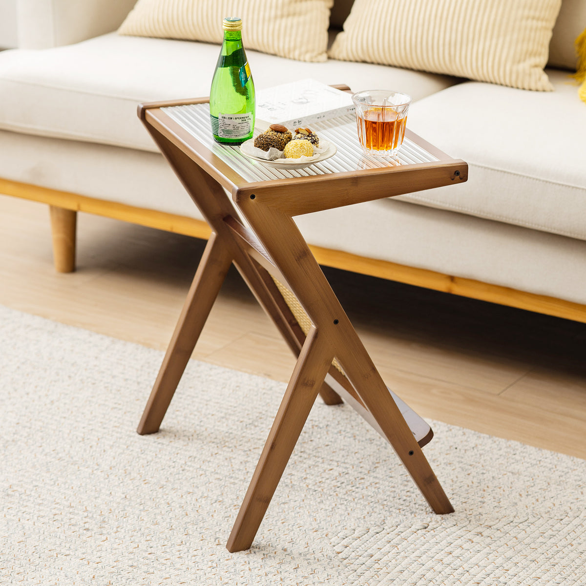 Boho End Table with Magazine Rack and Tempered Glass Top - Walnut
