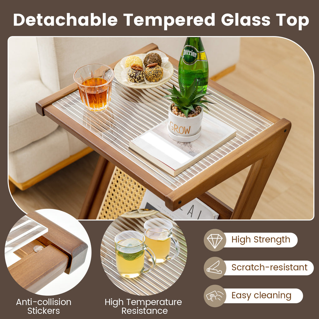 Boho End Table with Magazine Rack and Tempered Glass Top - Walnut