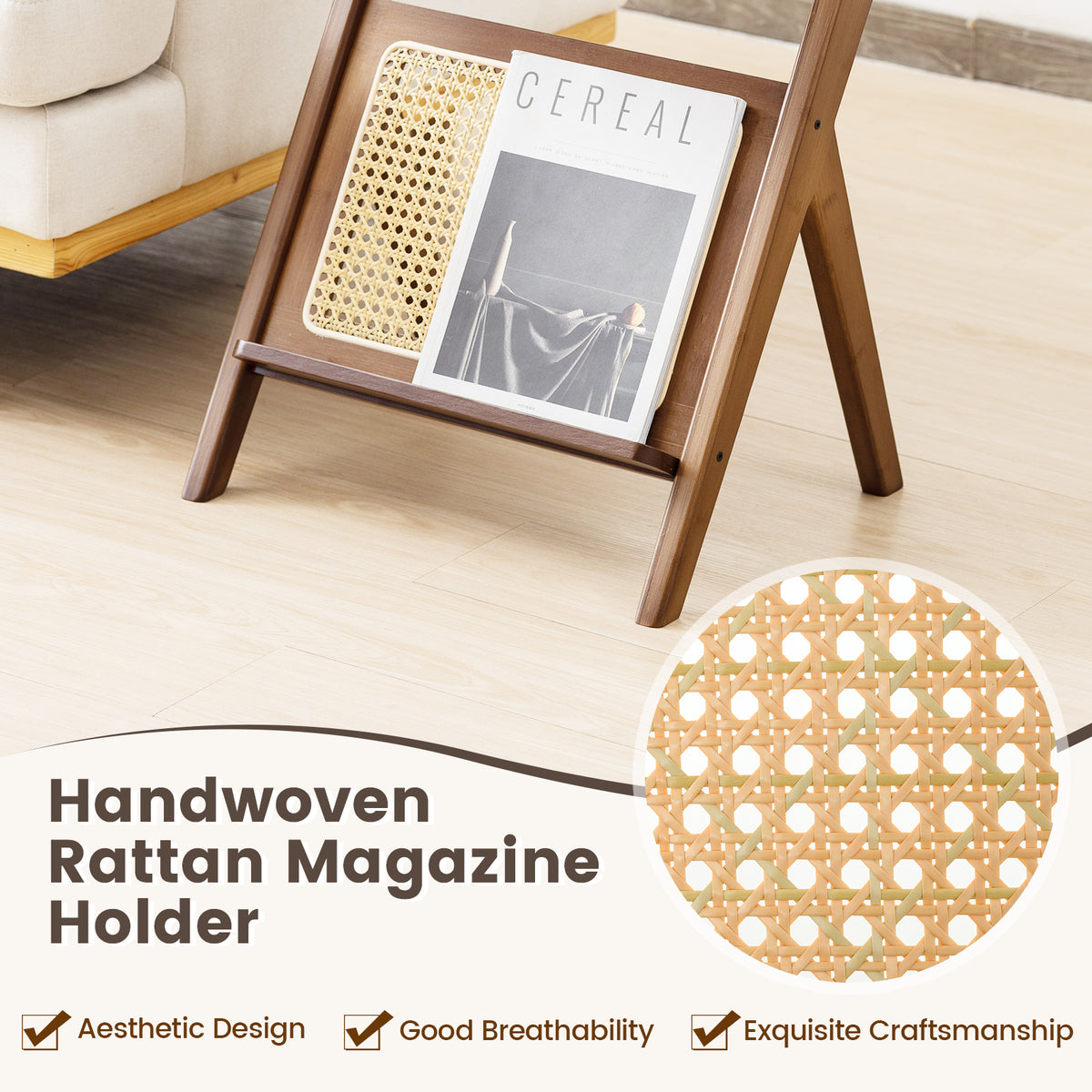 Boho End Table with Tempered Glass Top & Magazine Rack - Walnut