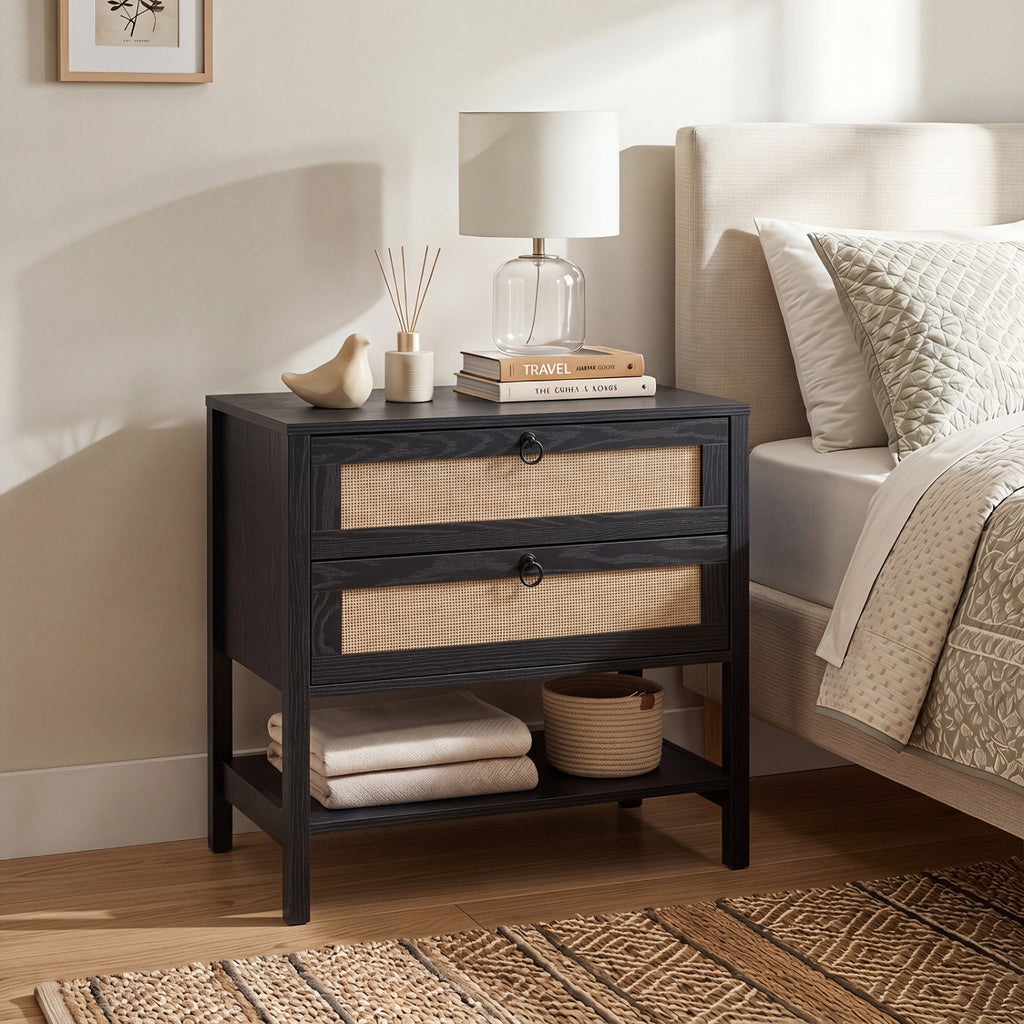 Boho Rattan Nightstand with 2 Drawers - Black