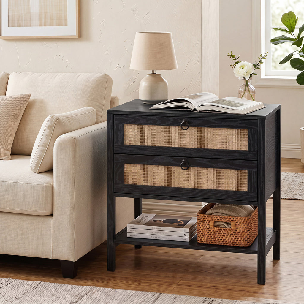 Boho Rattan Nightstand with 2 Drawers - Black