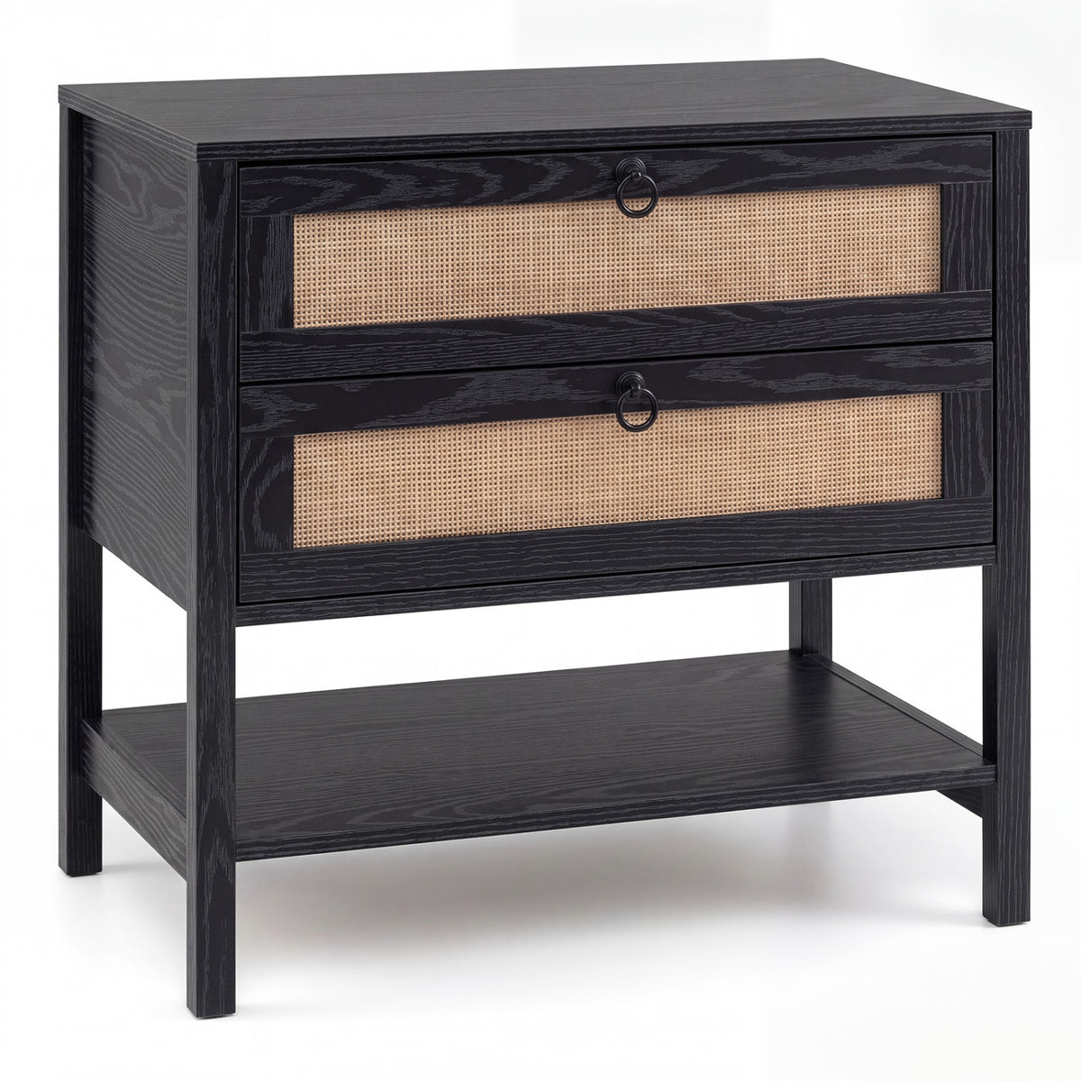 Boho Rattan Nightstand with 2 Drawers - Black