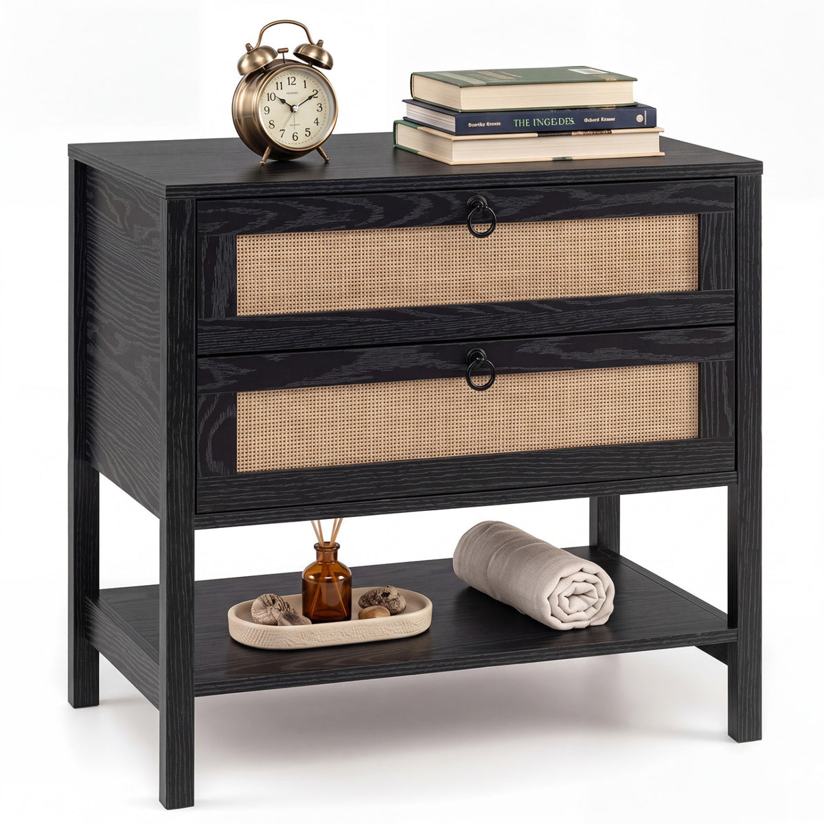 Boho Rattan Nightstand with 2 Drawers - Black