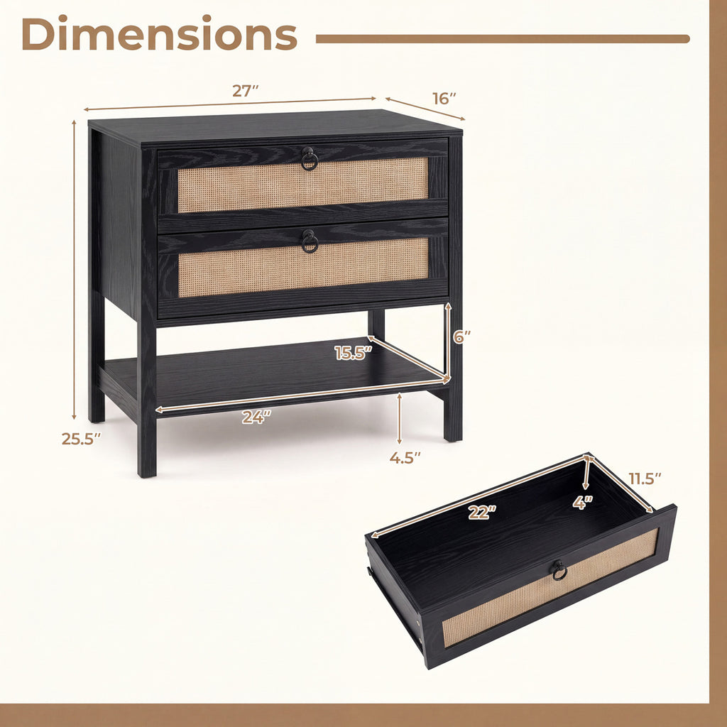 Boho Rattan Nightstand with 2 Drawers - Black