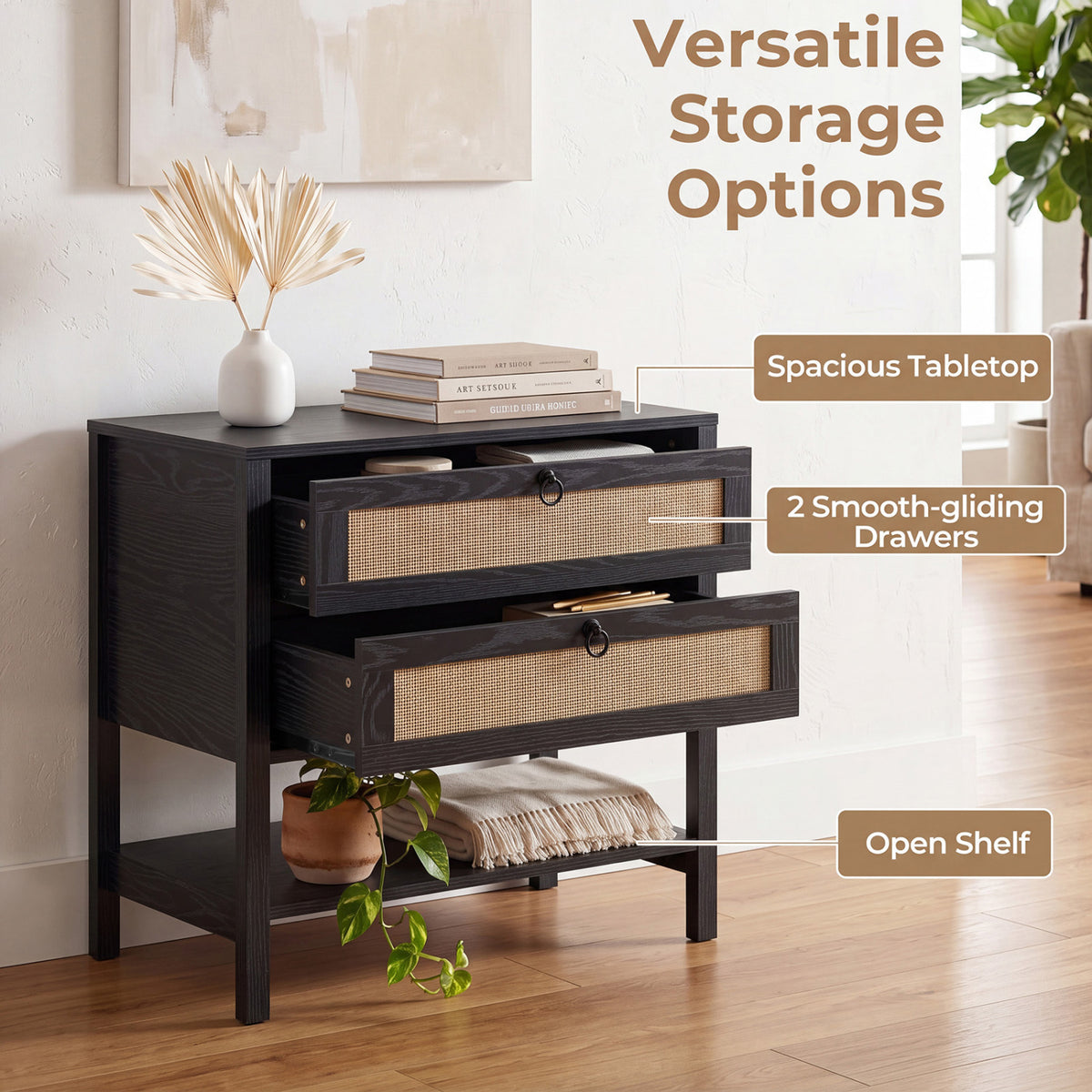 Boho Rattan Nightstand with 2 Drawers - Black
