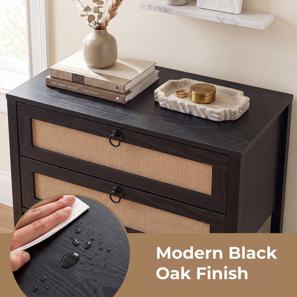 Boho Rattan Nightstand with 2 Drawers - Black
