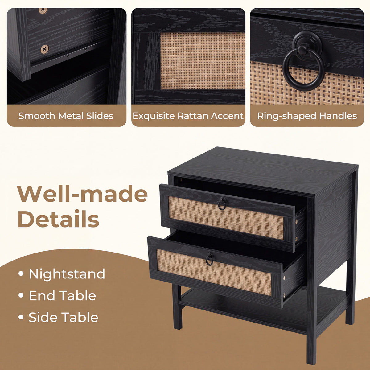 Boho Rattan Nightstand with 2 Drawers - Black