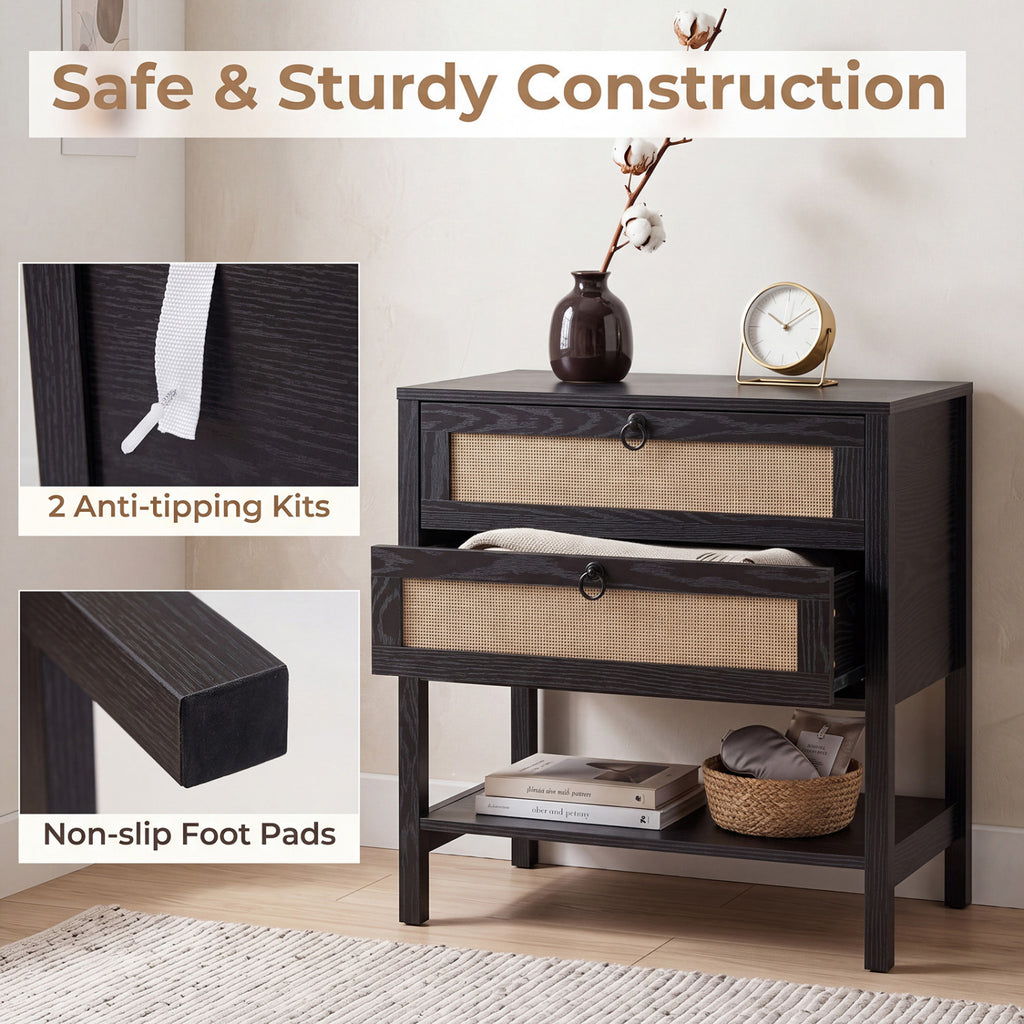 Boho Rattan Nightstand with 2 Drawers - Black