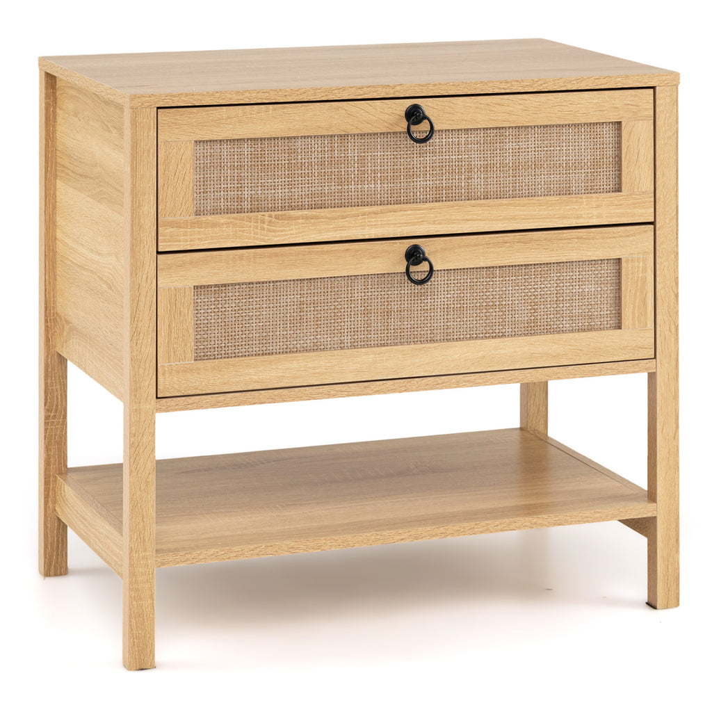 Boho Rattan Nightstand with 2 Drawers - Black
