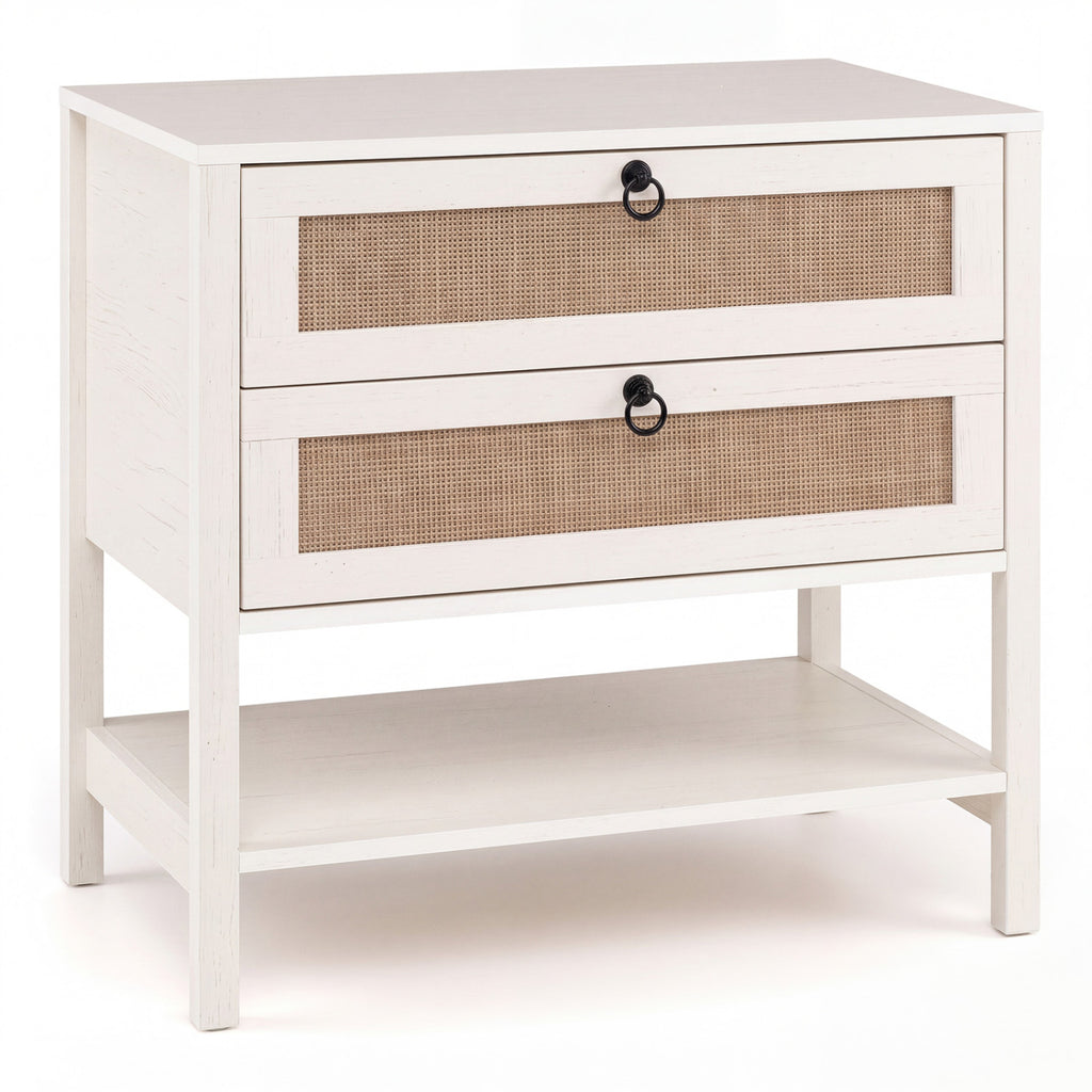 Boho Rattan Nightstand with 2 Drawers - Black