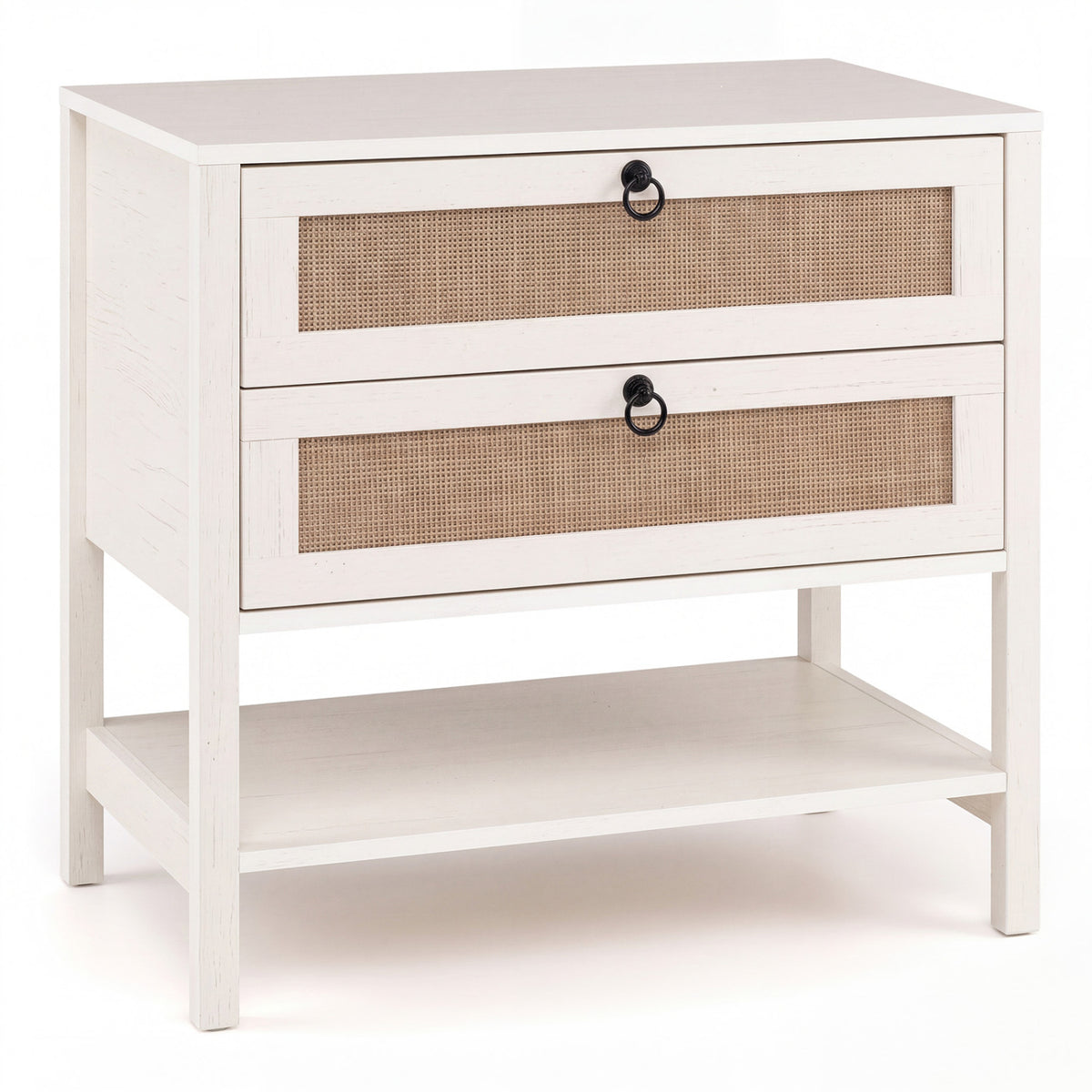 Boho Rattan Nightstand with 2 Drawers - Black