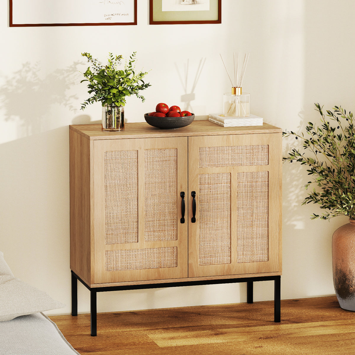 Boho Kitchen Storage Cabinet with Rattan Doors - Natural