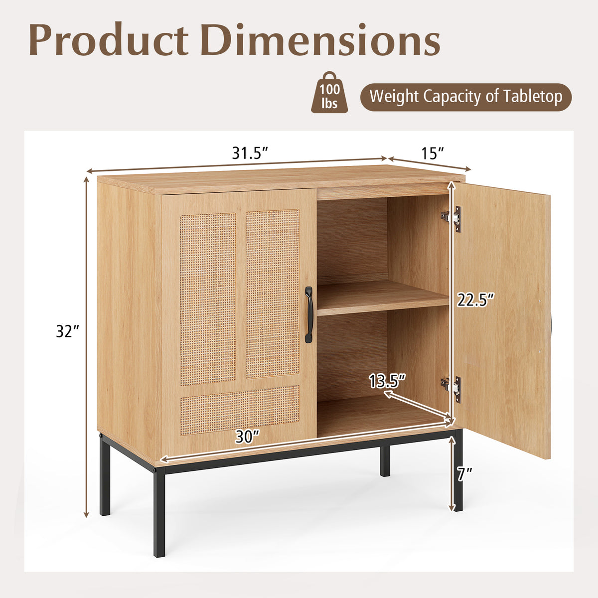 Boho Kitchen Storage Cabinet with Rattan Doors - Natural