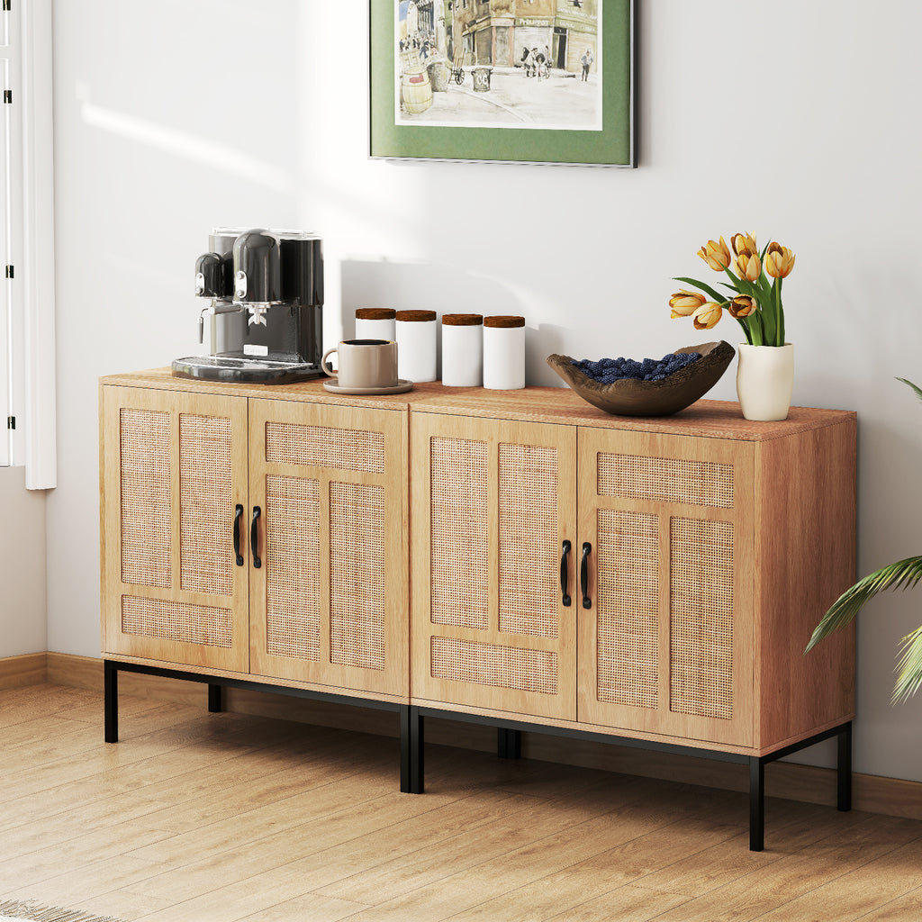 Boho Kitchen Storage Cabinet with Rattan Doors - Natural