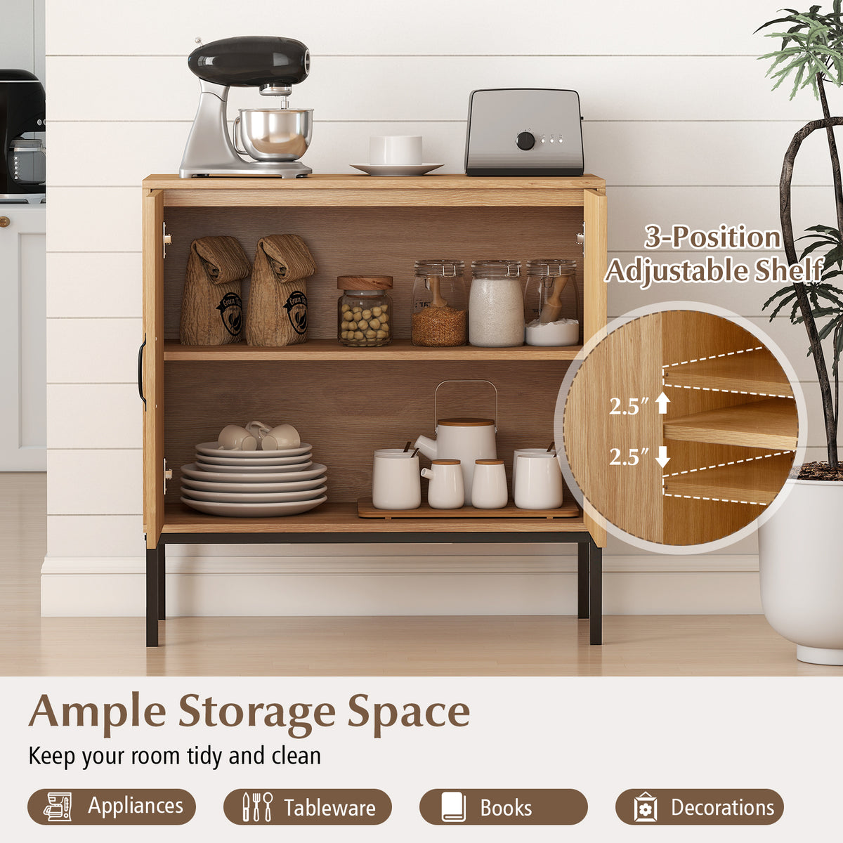 Boho Kitchen Storage Cabinet with Rattan Doors - Natural