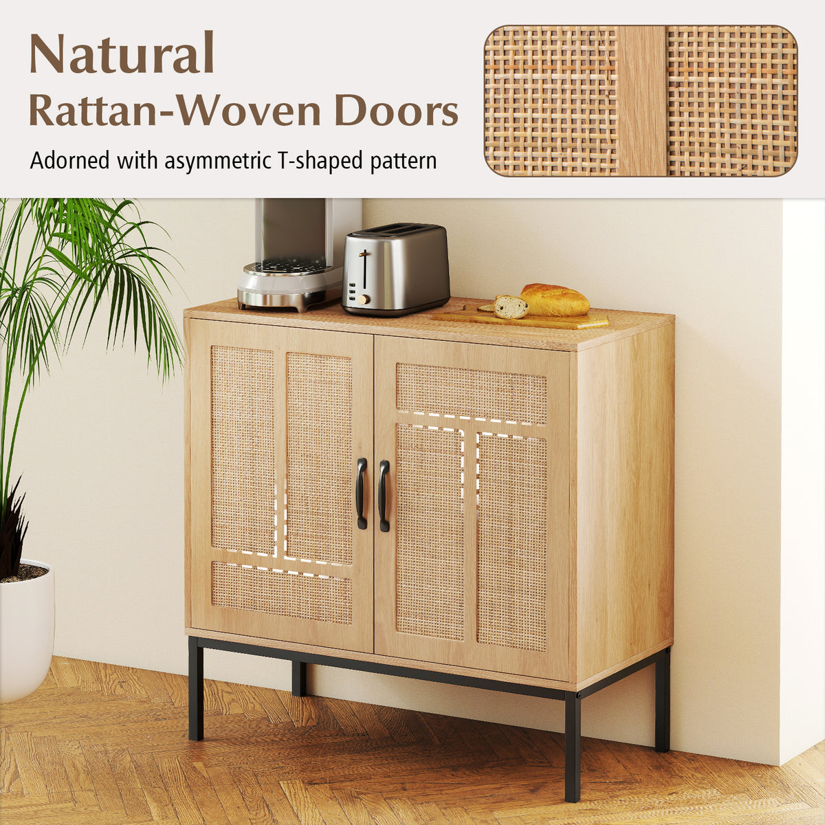 Boho Kitchen Storage Cabinet with Rattan Doors - Natural