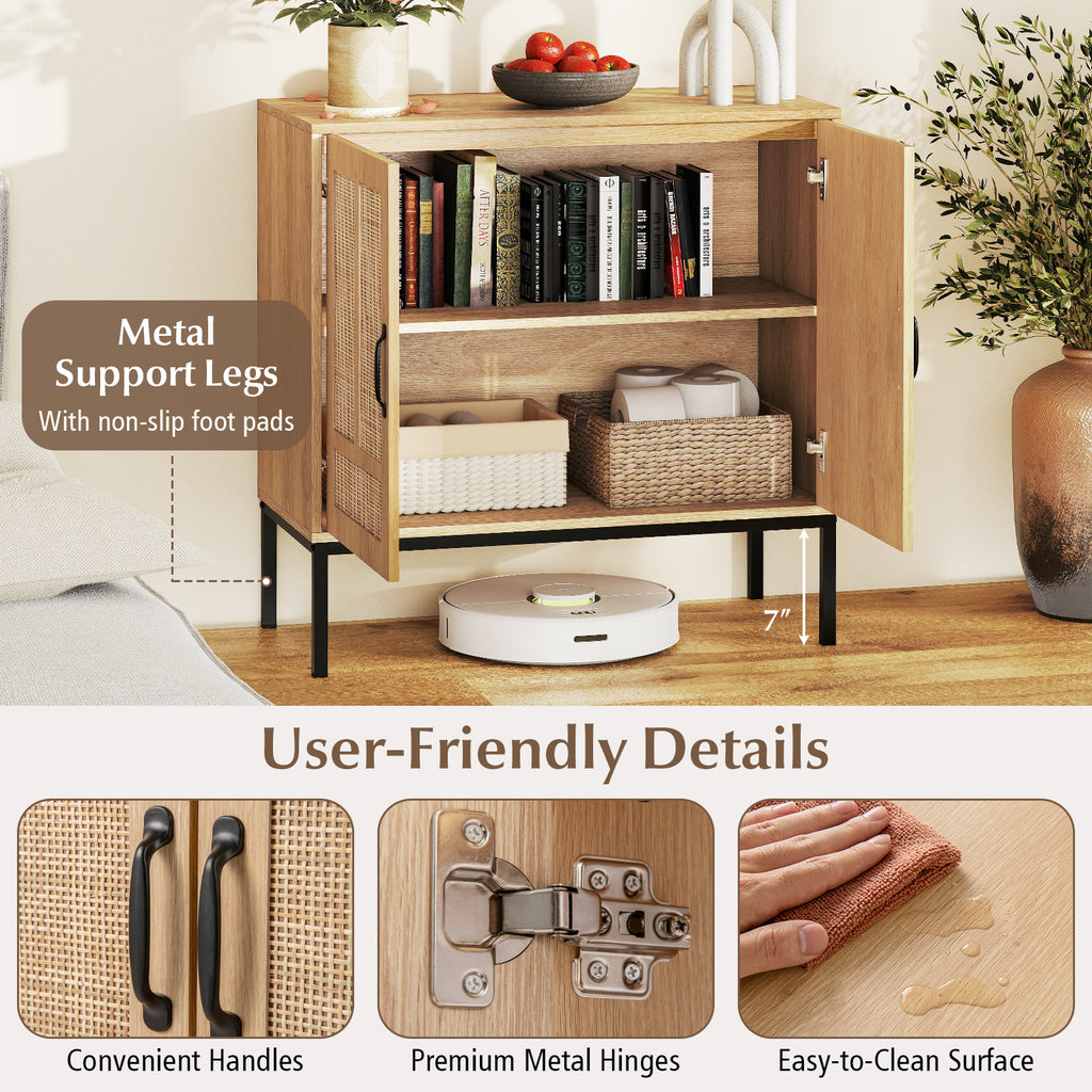 Boho Kitchen Storage Cabinet with Rattan Doors - Natural