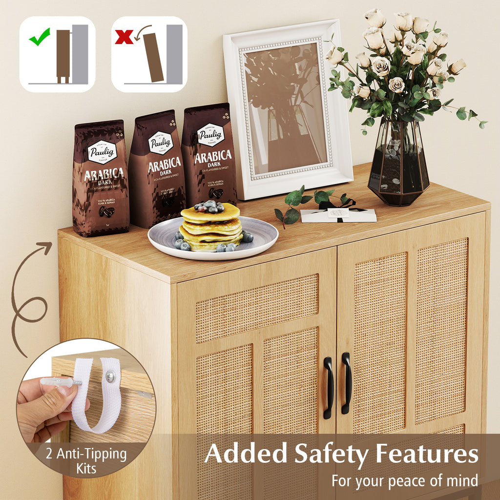 Boho Kitchen Storage Cabinet with Rattan Doors - Natural