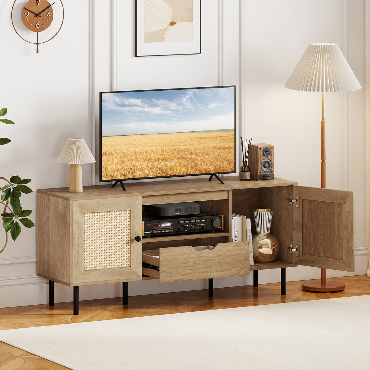 Boho TV Stand for 60 Inch TV with Storage Cabinets - Natural