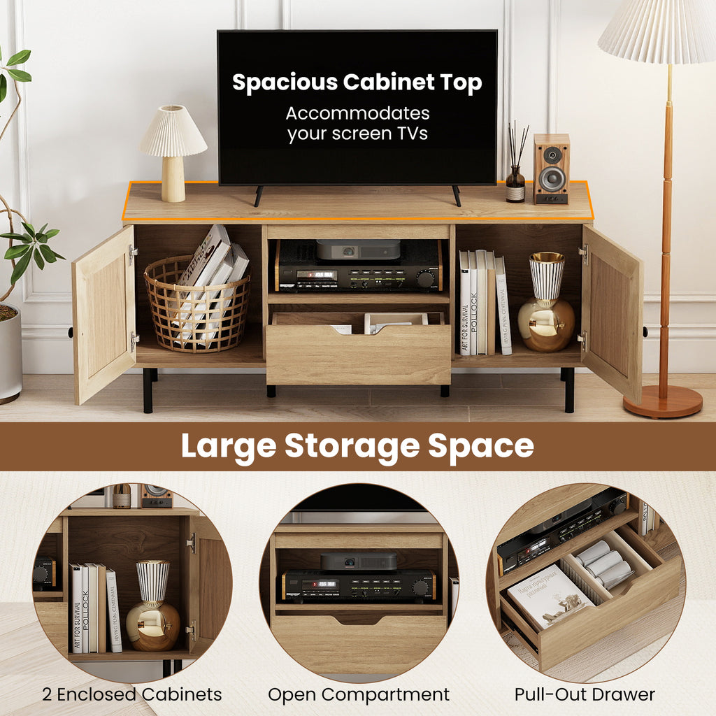Boho TV Stand for 60 Inch TV with Storage Cabinets - Natural