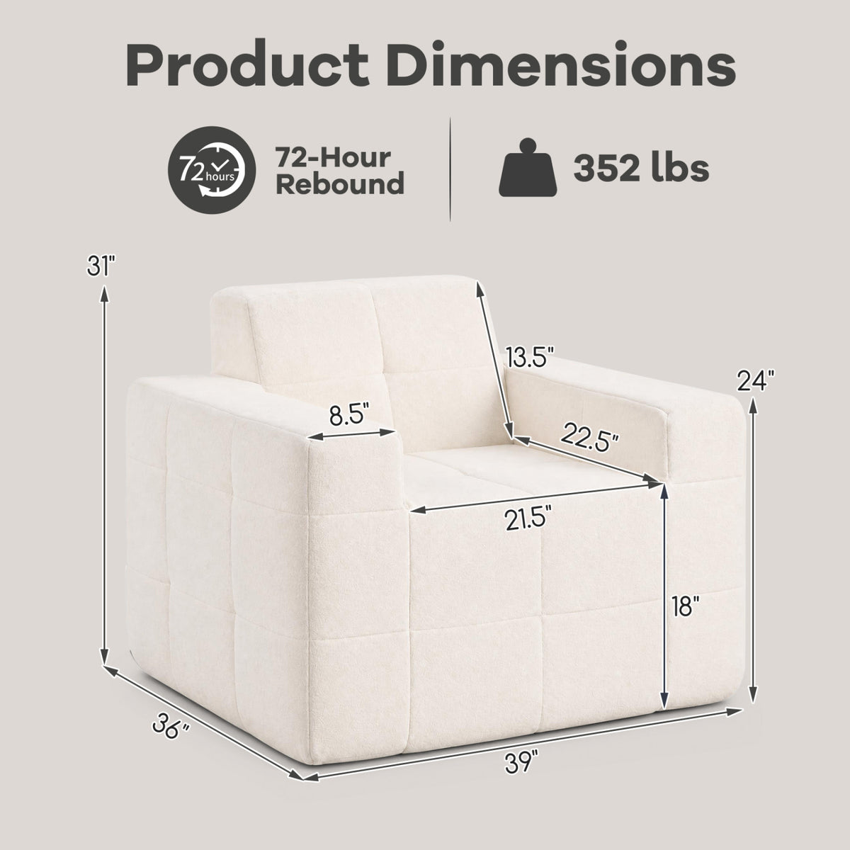 Boneless Cloud Sofa Chair with Terry Cloth Upholstery - Beige
