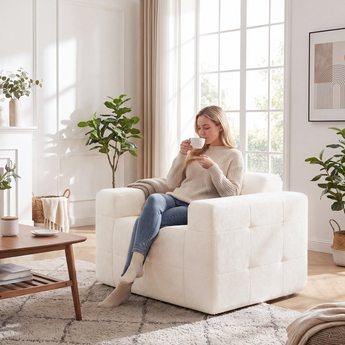Boneless Cloud Sofa Chair with Terry Cloth Upholstery - Beige