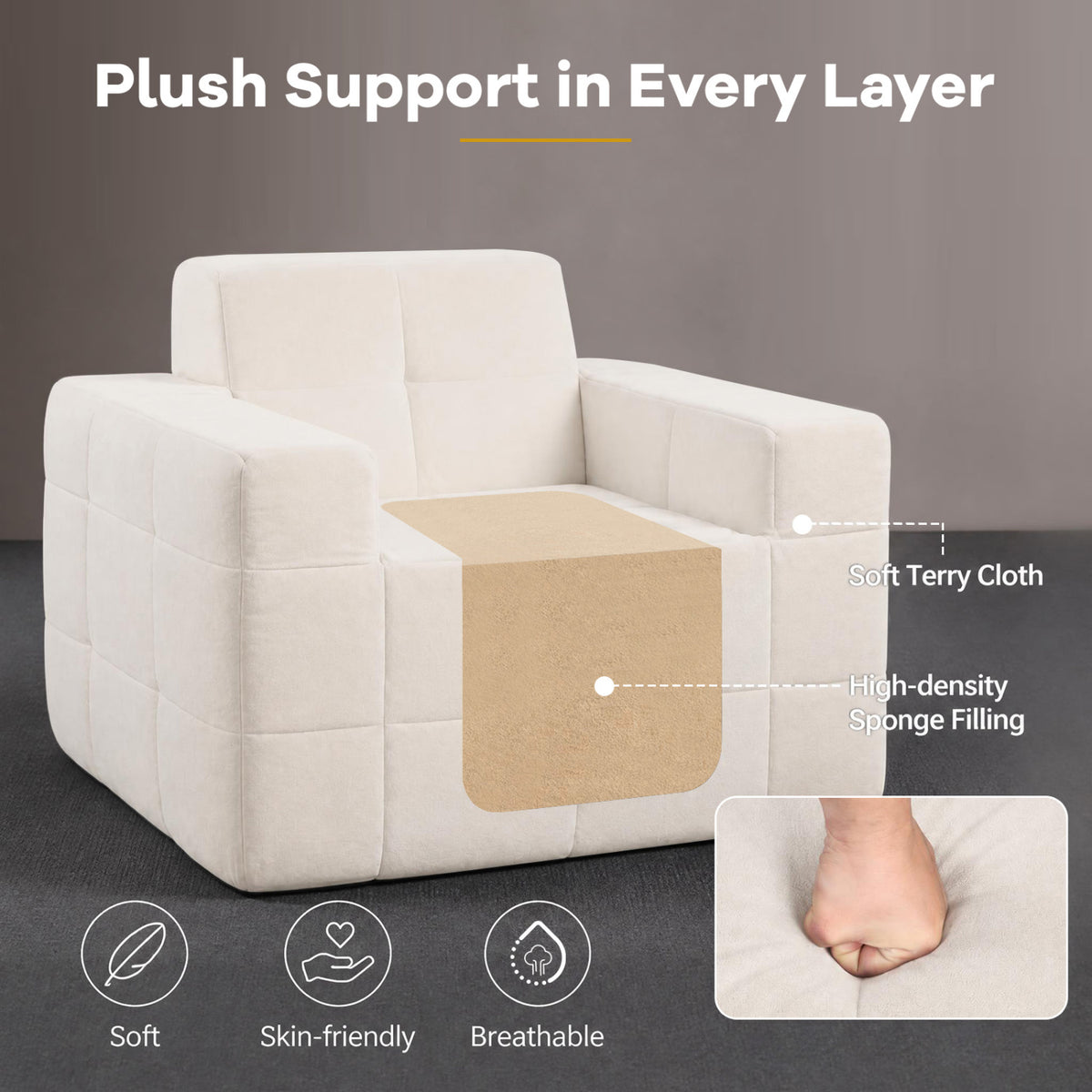 Boneless Cloud Sofa Chair with Terry Cloth Upholstery - Beige