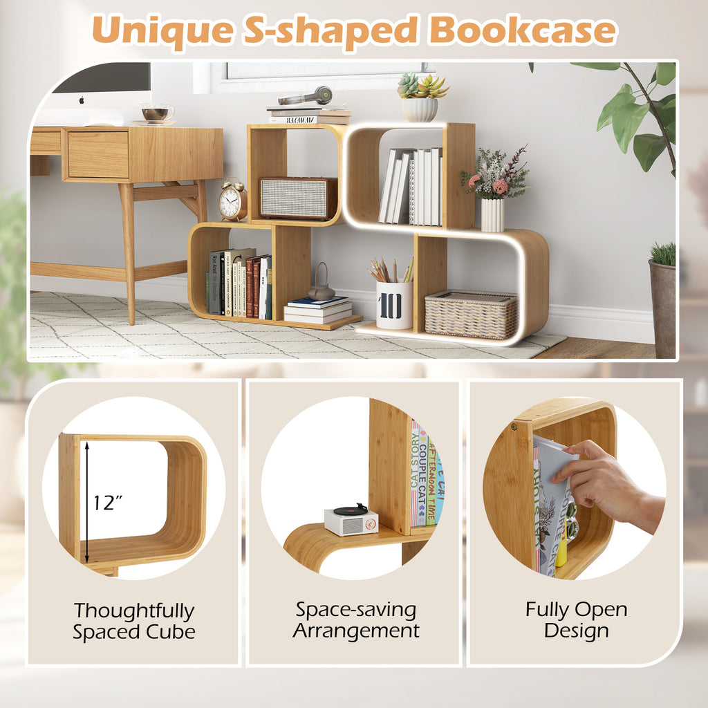 2-Tier S-Shaped Bamboo Bookcase with 2 Open Cubes for Living Room