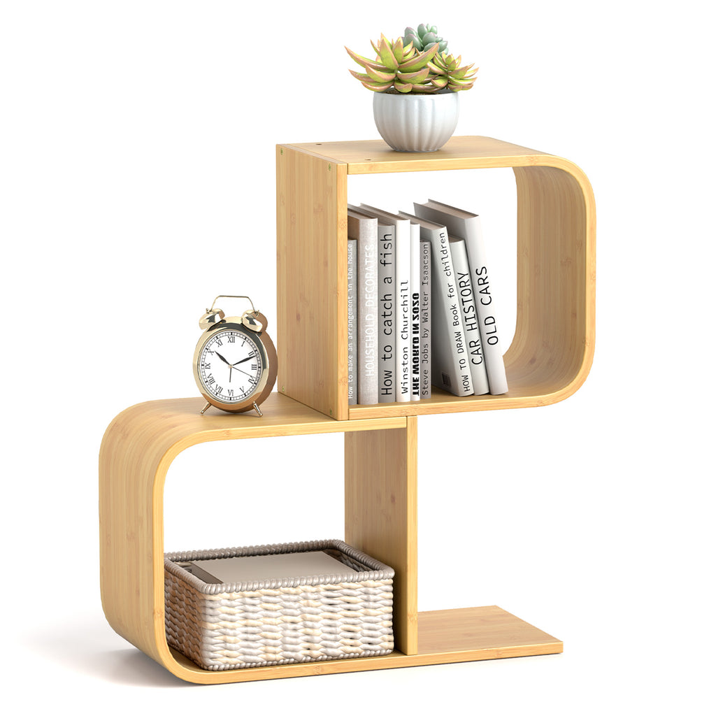 2-Tier S-Shaped Bamboo Bookcase with 2 Open Cubes for Living Room